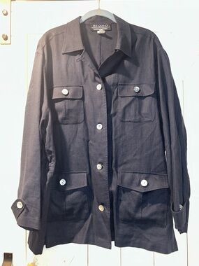 Studio Marisa Christina Navy Utility Jacket Flap Pockets Tencel Flax Blend Large